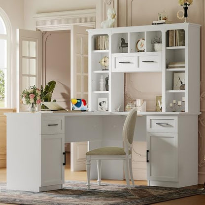 L-Shaped Home Executive Desk with 2 Cabinets and 2 Drawers, Computer Desk with Power Outlet, 11 Open Shelves and 1 Right Flip Shelf with Storage for Study, Living Room and Office (White-02) - color: White-02