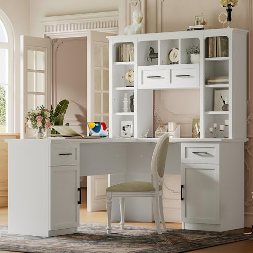 L-Shaped Home Executive Desk with 2 Cabinets and 2 Drawers, Computer Desk with Power Outlet, 11 Open Shelves and 1 Right Flip Shelf with Storage for Study, Living Room and Office (White-02) - color: White-02