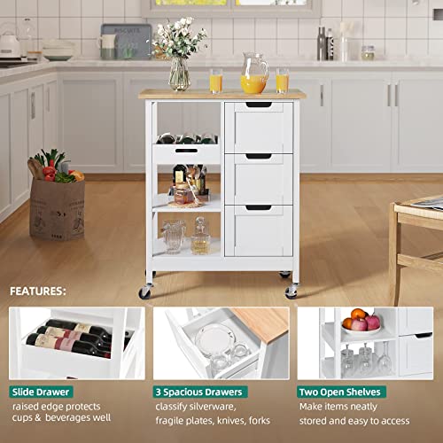 YITAHOME Small Solid Wood Top Kitchen Island Cart on Wheels with Storage, Rolling Portable Dining Room Serving Utility Carts Mobile Movable with 3 Drawers Cabinet, Oak & White - style: 26.7"W White