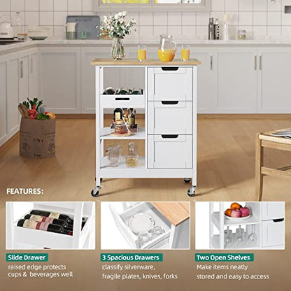 YITAHOME Small Solid Wood Top Kitchen Island Cart on Wheels with Storage, Rolling Portable Dining Room Serving Utility Carts Mobile Movable with 3 Drawers Cabinet, Oak & White - style: 26.7"W White