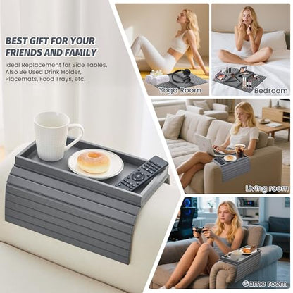 GEHE Bamboo Sofa Arm Tray, Foldable Couch Arm Tray Side Table, Anti-Falling Armrest Tables Cup Holder for Snacks, Drinks, Beers, Phone, Control, Flexible and Portable, Anti-Slip - color: Gray
