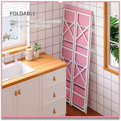 4NM 5 Tiers No Assembly Book Shelves, 51.2" H Folding Bookshelf Bookcase Open Industrial Foldable Shelves for Bedroom, Living Room, Home Office - Pink White - color: Pink White, size: XX 5-Tier