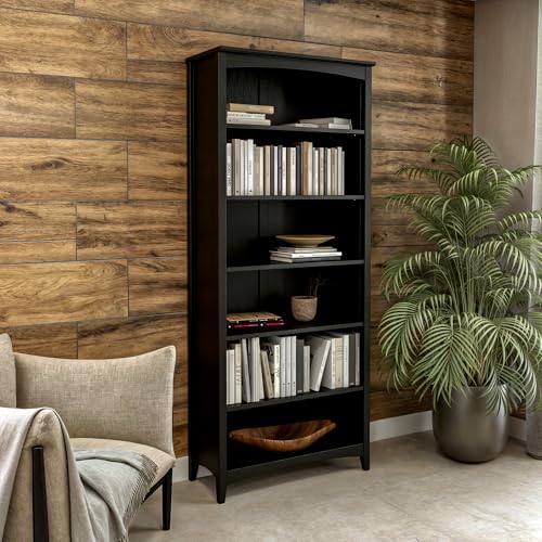 Camaflexi Shaker Style 6 Shelf Bookcase/Solid Wood / 72 inch Tall/Adjustable Shelving/Closed Back/Display Bookshelf for Living Room, Bedroom, Home and Office, Black - color: Black, size: 72"