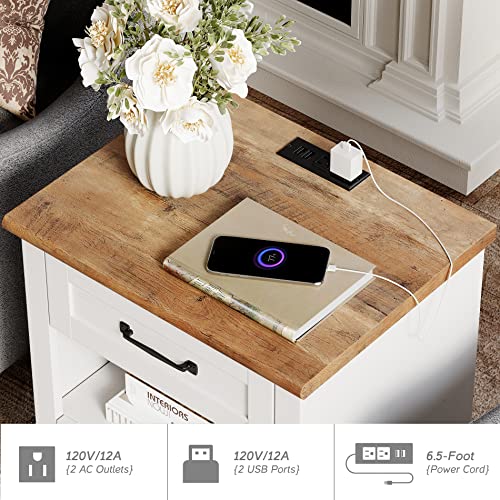 WAMPAT White Side Table with 2 Drawers & Charging Station, Mid Century Nightstand for Bedroom with Power Outlets & USB Ports, Wooden Bedside Table Night Stand with Shelf for Living Room, Antique White - color: Off White