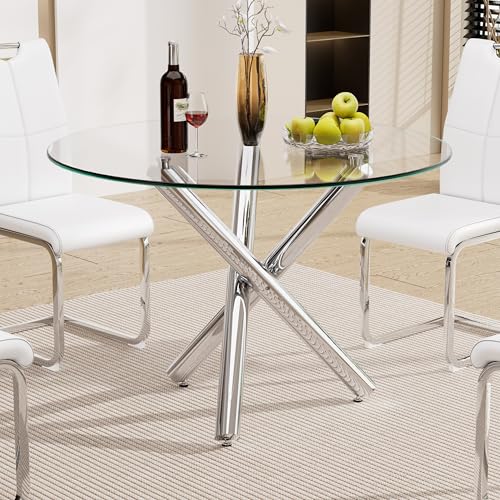 Round Glass Dining Room Table for 2 to 4 Person Modern Tempered Glass Top, Sturdy Chrome Legs, Adjustable Foot Pads, Kitchen Table for Living Room, Dining Room, Tea, Home, 39.37 Inch, Silver Base - color: Round Silver Base, size: 39.37 Inch