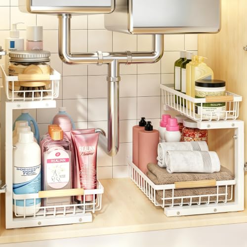REALINN Under Sink Organizer, 2 Pack Height Adjustable Under Sink Organizers and Storage, 2 Tier Pull Out Drawer Cabinet Storage for Kitchen Bathroom, White - color: White, size: 2 Pack