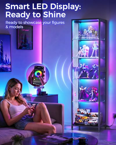 AODK 72" Tall Display Case with LED Lights, Corner Display Cabinet with Open Glass Shelves, 5-Tier Display Shelf with Industrial Mesh Sides, Curio Cabinet Shelf for Collectibles - size: 72 Inch