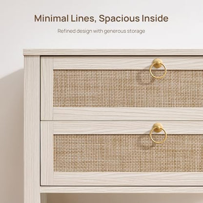 SICOTAS White Rattan Nightstand, Wide Bedside Table with 2 Drawers & Shelf | Large Night Stand with Storage Shelf, Coastal Boho Bedside Table for King Bed, Bedroom, Guest Room, Apartment, and End Table - color: White Cream Oak
