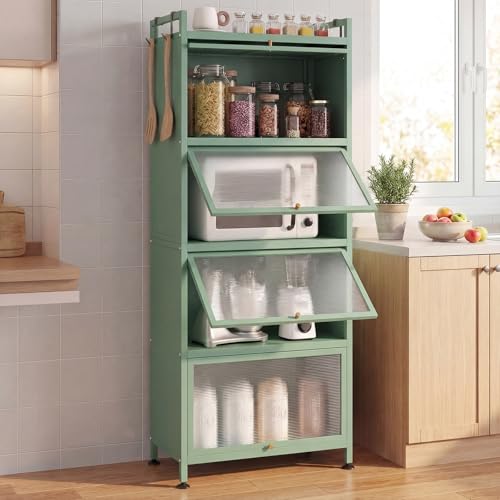 LDAILY 5-Tier Kitchen Storage Cabinet, Mobile Microwave Stand with Metal Frame, Double Anti-toppling Device, 4 Rolling Casters, Freestanding Bakers Rack for Kitchen, Dining Room, Living Room (Green) - color: Green