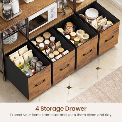 Itaar Bakers Rack with Power Outlet and LED Light, 47.2'' Microwave Stand with Storage, Kitchen Coffee Bar Cabinet with Glass Door, 4 Drawer, Wine Rack, Goblet Holder and 12 Hooks, Rustic Brown - color: Rustic Brown