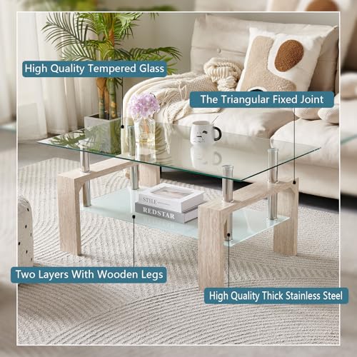 Living Room Rectangle Coffee Table, Tea Table Suitable for Waiting Room, Modern Side Coffee Table with Wooden Leg, Glass Tabletop with Lower Shelf (Yellow Travertine) - color: Yellow Travertine