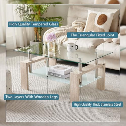 Living Room Rectangle Coffee Table, Tea Table Suitable for Waiting Room, Modern Side Coffee Table with Wooden Leg, Glass Tabletop with Lower Shelf (Yellow Travertine) - color: Yellow Travertine
