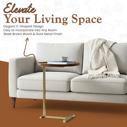 Kings Brand C-Shaped Side End Table, Sofa Table, Gold & Brown | Convenient C-Shaped Table – Slides Under Sofas, Chairs, Beds to Keep Coffee, Snacks, Laptops, Books, & Essentials w/in Reach - color: Brown