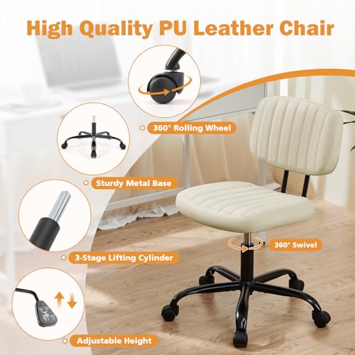 Sweetcrispy Small Office Desk Chair, Armless PU Leather with Comfy Lumbar Support, Height Adjustable Rolling Swivel Task for No Arms, for Adult, Student, Bedroom, Home, Vanity, Beige White - color: Beige