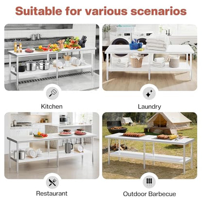 Jocisland 30" x 108" Stainless Steel Table for Prep & Work, Food-Grade Stainless Steel Adjustable Under Shelf and Feet, for Commercial Kitchen, Restaurant, Hotel, Garage - size: 30x108 in, style: Rounded Table Corner