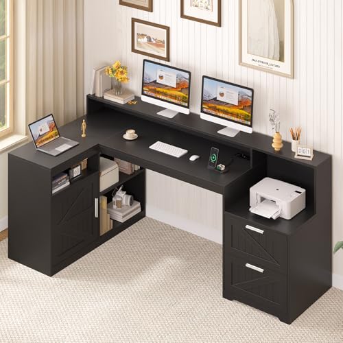 TVU Farmhouse L Shaped Desk with Drawers, 62.2" Home Office Desk with Storage Shelves and Power Outlet, L Shaped Computer Desk with Monitor Stand and Printer Shelf, Black - color: Black