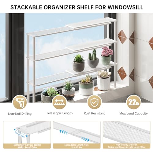 Expandable Window Shelf for Plants Kitchen Sink Organizer Stackable Narrow Shelves Kitchen Countertop Holder Mesh Design (2, White)