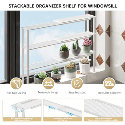 Expandable Window Shelf for Plants Kitchen Sink Organizer Stackable Narrow Shelves Kitchen Countertop Holder Mesh Design (2, White)