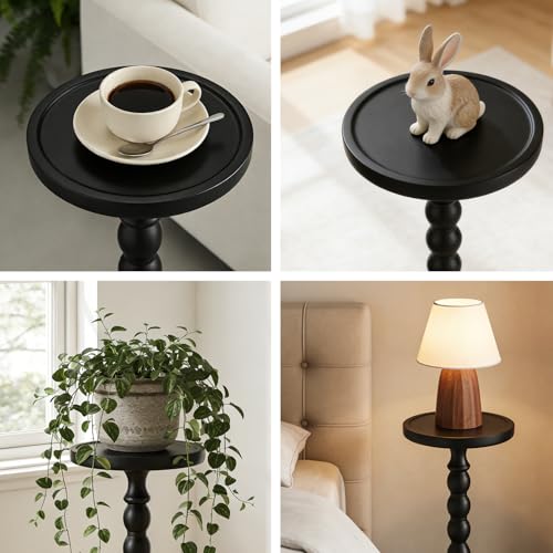 Small Round Side Table for Small Spaces | Wood Pedestal Drink Table & Narrow End Table for Living Room Couch, Modern Bedside Nightstand for Bedroom & Nursery（Ebony） - color: Ebony