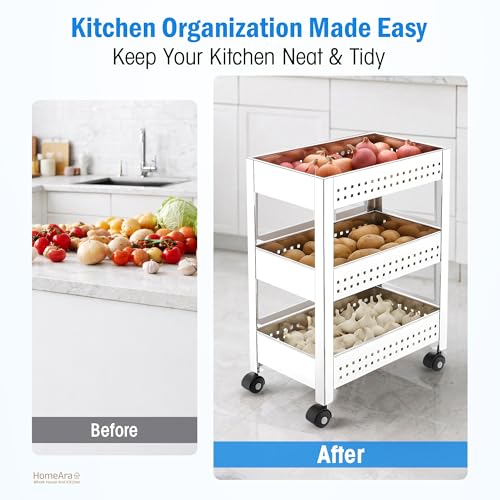 3-Tier Rolling Utility Cart with Wheel, Stainless Steel Storage Trolley Organizer for Kitchen, Bathroom, Portable Multi Purpose Storage Rack Shelf, Movable Laundry Organizer Cart (Silver) - size: 3 - Tier