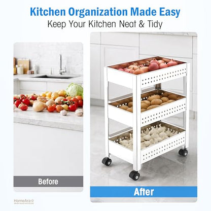 3-Tier Rolling Utility Cart with Wheel, Stainless Steel Storage Trolley Organizer for Kitchen, Bathroom, Portable Multi Purpose Storage Rack Shelf, Movable Laundry Organizer Cart (Silver) - size: 3 - Tier