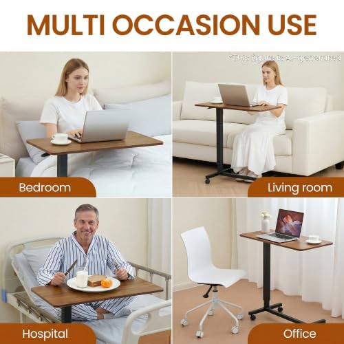 Careboda Overbed Table with Wheels Pneumatic Height Adjustable-Brown | Rolling Bedside Table for Home Hospital&Office