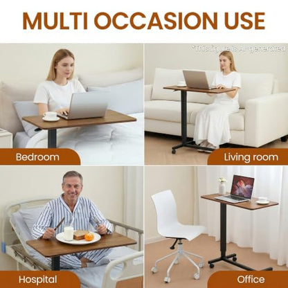 Careboda Overbed Table with Wheels Pneumatic Height Adjustable-Brown | Rolling Bedside Table for Home Hospital&Office