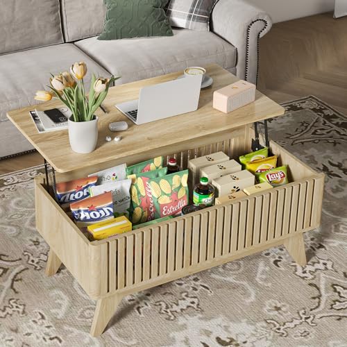Lift Top Coffee Table with Hidden Compartment, Mid Century Modern Coffee Table for Living Room, Fluted Design Farmhouse Center Table with Storage (Wood, 35.4" W) - color: Wood