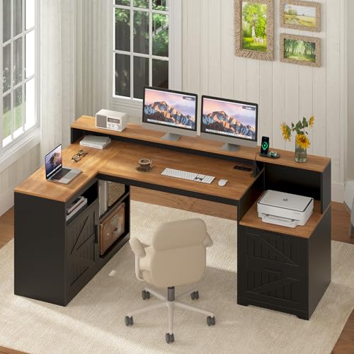 TVU Farmhouse L Shaped Desk with Drawers, 62.2" Home Office Desk with Storage Shelves and Power Outlet, L Shaped Computer Desk with Monitor Stand and Printer Shelf, Brown and Black - color: Brown and Black
