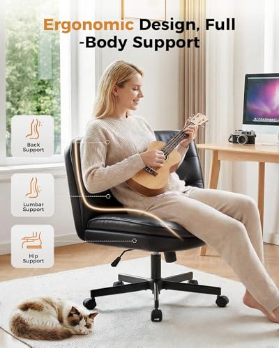 COMHOMA Cross Legged Office Chair with Wheels Armless Office Desk Chair, Modern Vanity Computer Task Chairs for Home Bedroom, Comfortable Wide Seat for Lower Back Pain Relief, PU Leahter, Black - color: Matte-black