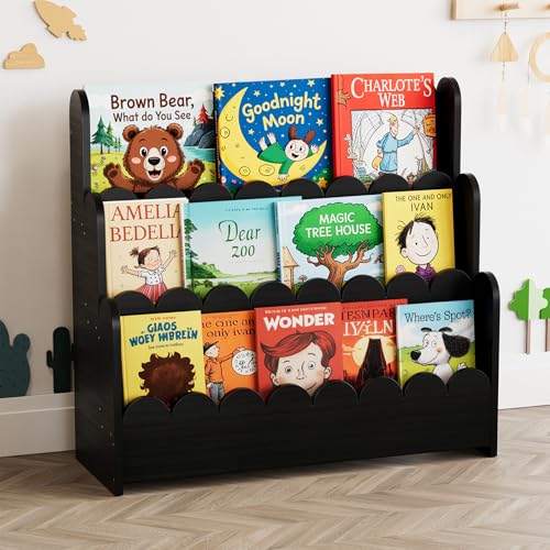 SpaceAid 3-Tier Scalloped Bookshelf, Montessori Bookcase for Toddlers, Wooden Book Shelf Organizer Display Furniture for Kids Rooms, Playroom, Nursery and Classroom, Black - color: Black, size: 3 Tier, 29.6" W