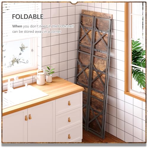 4NM 6 Tiers No Assembly Book Shelves, 61.8" H Folding Bookshelf Bookcase Open Industrial Foldable Shelves for Bedroom, Living Room, Home Office - Rustic Brown Black - color: Rustic Brown Black, size: XX 6-Tier