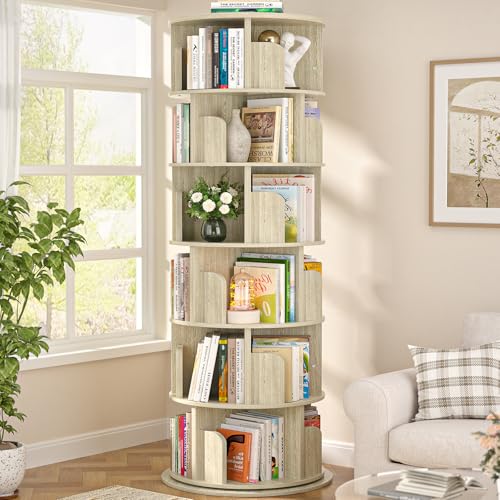 Aheaplus 6 Tier Rotating Bookshelf, Wood Spinning Bookshelf Tower, Round Revolving 360 Bookcase, Narrow Turning Book Shelf Rolling Corner Organizer for Small Space, Bedroom, Office, White Oak - color: White Oak, size: 6-Tier