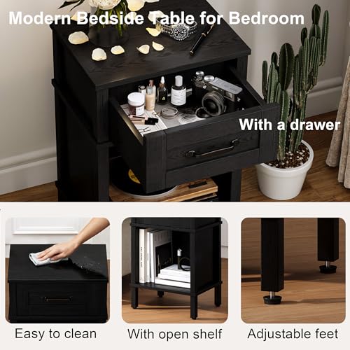 Black Nightstand with Drawers,Small Night Stand,Black Bedside Table | Morden Nightstand,Black Wood Nightstand,Bedside Table with Drawers,Farmhouse End Table,Black Side Tables Bedroom LET512B - color: Black