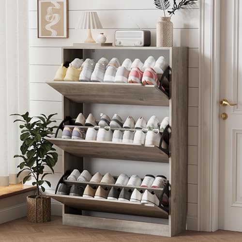 Xixini Shoe Storage Cabinet for Entryway with 3 Flip Drawers, Sturdy Wood Hidden Shoe Storage, Freestanding Narrow Slim Shoe Organizer for Front Door Entrance, Living Room, Hallway, Bedroom, Grey - color: Grey, size: 3 Drawers without Rack