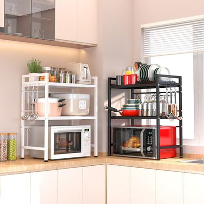 PUSDON 3-Tier Expandable Microwave Oven Rack, Countertop Baker's Rack Style Shelf, Heavy Duty Adjustable Standing Shelf with Hooks, 160lbs Capacity Kitchen Space Saver, Matte Black - color: Matte Black, size: H-frame 3 tier