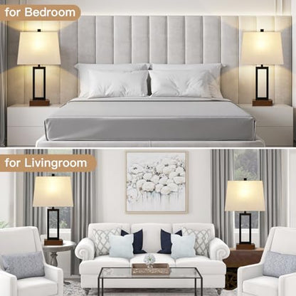 Rinweey 23.5" Table Lamps Set of 2, Modern Black Bedside Lamps with 2 USB Ports & AC Outlet, Contemporary Nightstand Lamps with Wood Base for Bedroom Living Room(LED Bulb Included) - color: Black