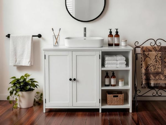 Karl home White Under Sink Storage Bathroom Vanity Cabinet | Freestanding Sink Cabinet with 2 Doors and 3 Shelves, 35.43 x 11.81 x 23.82 Inches White Organizer for Bathroom Use - color: White, size: 2 Doors and 3 Shelf
