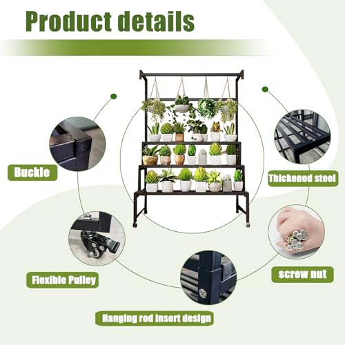 4-Tier Metal Plant Stand on Wheels, 47x24x65 H, 440 lbs Cap. | Sturdy Black Iron Tiered Plant Stand, Stair Shape Display Rack for Indoor & Outdoor Use in Home, Garden, Retail - size: 47in