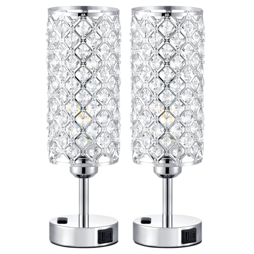 Hong-in Crystal Lamp Touch Control Set of 2, Sliver Crystal Table Lamps with USB C+A Ports & AC Outlet, 3-Way Dimmable Nightstand Touch Lamp, Modern Bedside Table Lamp for Bedroom(Bulbs Included) - color: A-Silver