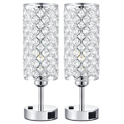 Hong-in Crystal Lamp Touch Control Set of 2, Sliver Crystal Table Lamps with USB C+A Ports & AC Outlet, 3-Way Dimmable Nightstand Touch Lamp, Modern Bedside Table Lamp for Bedroom(Bulbs Included) - color: A-Silver