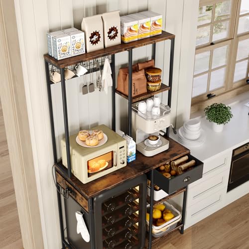 DreamDashio Over Mini Fridge Shelf with Power Outlet, 3-Tier Bakers Rack & Appliance Organizer for Microwave and Coffee Maker, Featuring Adjustable Shelves, Storage Drawer, 8 S-Hooks