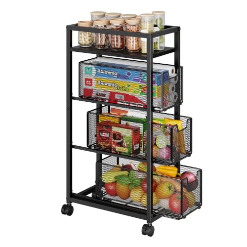 4 Tier Kitchen Rolling Cart, Kitchen Storage Cart with Wheels, Adjust Pantry Organizer and Storage Cart with Drawer, Fruit Vegetable Spice Storage Cart, Wooden Top Metal Kitchen Organizer Rack Stand - size: Small 4 Tier Black