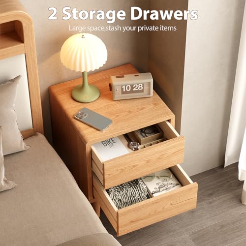 Solid Wood Nightstand Natural Night Stand with Drawers Mid Century Modern Nightstand with Storage,Wood Night Stand,Small Bedside Table for Bedroom,Living Room,Office,Natural Bedside Table - color: Natural, style: 2 drawers