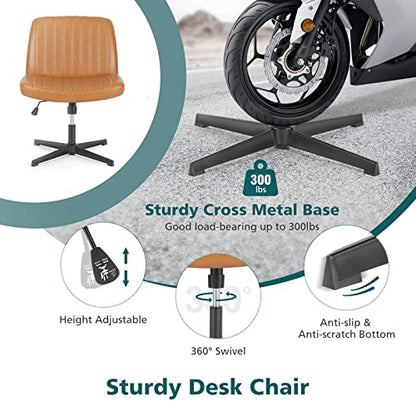 OLIXIS Criss Cross Office Chair, Vanity Chair, Home Office Desk | Wide Seat, Height Adjustable, PU Leather Padded, Armless No Wheels, Bedroom, Study Room, Brown Dual Base - color: Brown Dual Base