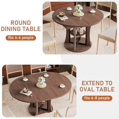 Extendable Round Dining Table for 4-6-8, 43.3-59in Expandable Kitchen Table with Storage Shelf, Space Saving Circle Oval Dining Table with Leaf for Kitchen, Dining Room, Walnut - color: Walnut