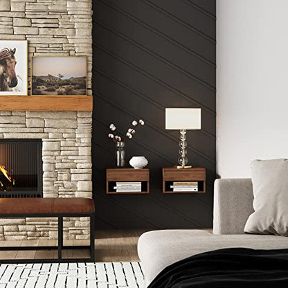 Nathan James Jackson Wall Mounted Floating Bedroom Nightstand with Storage Drawer and Modern Open Shelf Cubby Set of 2, Dark Brown Walnut - color: Brown Walnut, size: Set of 2
