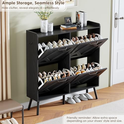 Shoe Cabinet with 4 Flip Drawers, Hidden Shoe Rack Cabinet with Metal Legs, Farmhouse Narrow Shoe Storage Cabinet for Entryway, Foyer, Hallway, Black - color: Solid Black