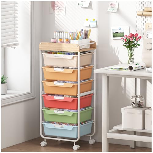SYKIARIOL Rolling Cart with 6 Drawers,Craft Organizer and Storage,Rainbow | Utility Storage Cart with Drawers,Art Cart,Makeup Organizer With Wooden Tabletop - color: Rainbow, size: 6-Drawers