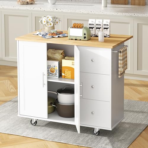 Shintenchi Kitchen Island with Folding Drop Leaf, Rolling Island Table with Storage, Kitchen Cabinet on Wheels with Seating Area for Kitchen, Bar Cart with Cabinet, White - color: White